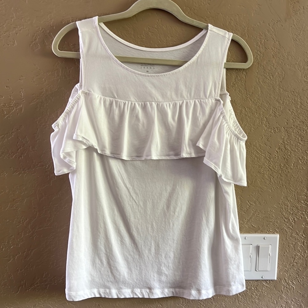 Soho Jeans Women’s white shirt ruffles Crewneck cold shoulder cotton size Large